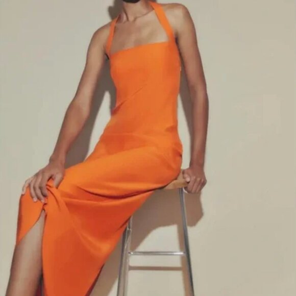 Reformation Alli Orange Silk Halter Midi Dress in Citrus Size 8 - Picture 2 of 4